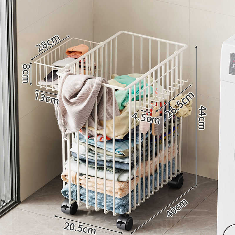 Tall Rolling Metal Laundry Basket with Vertical Slats and Swivel Casters