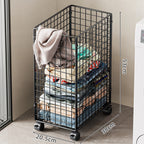 Tall Rolling Metal Laundry Basket with Vertical Slats and Swivel Casters