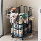 Tall Rolling Metal Laundry Basket with Vertical Slats and Swivel Casters
