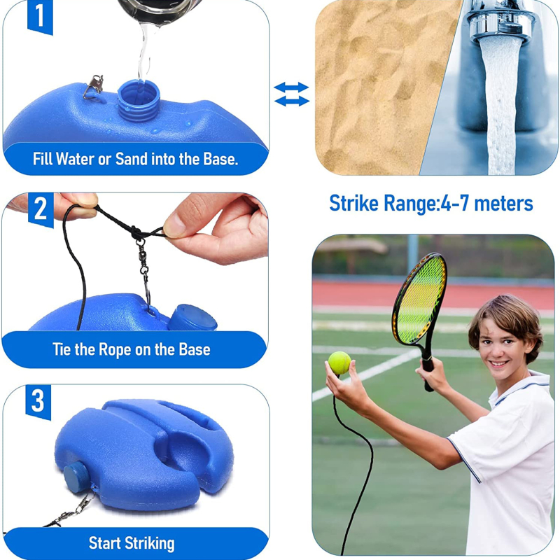 Tennis Solo Practice Trainer with Ground Base, Clip, Ball and Rope