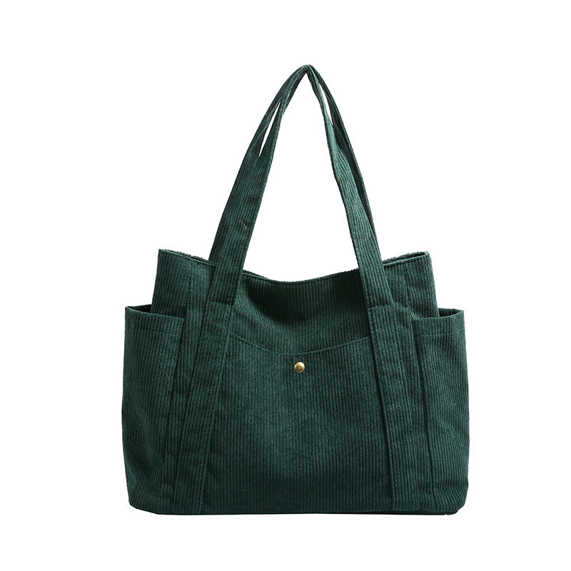 Textured Corduroy Tote Bag with Multiple Pockets and Long Handles