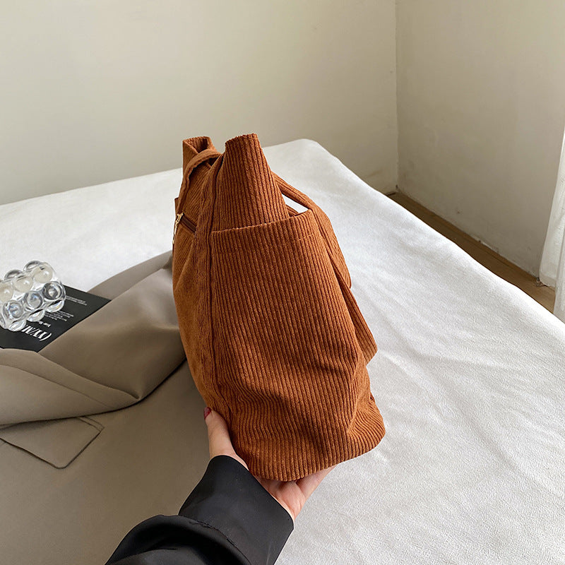 Textured Corduroy Tote Bag with Multiple Pockets and Long Handles