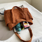Textured Corduroy Tote Bag with Multiple Pockets and Long Handles