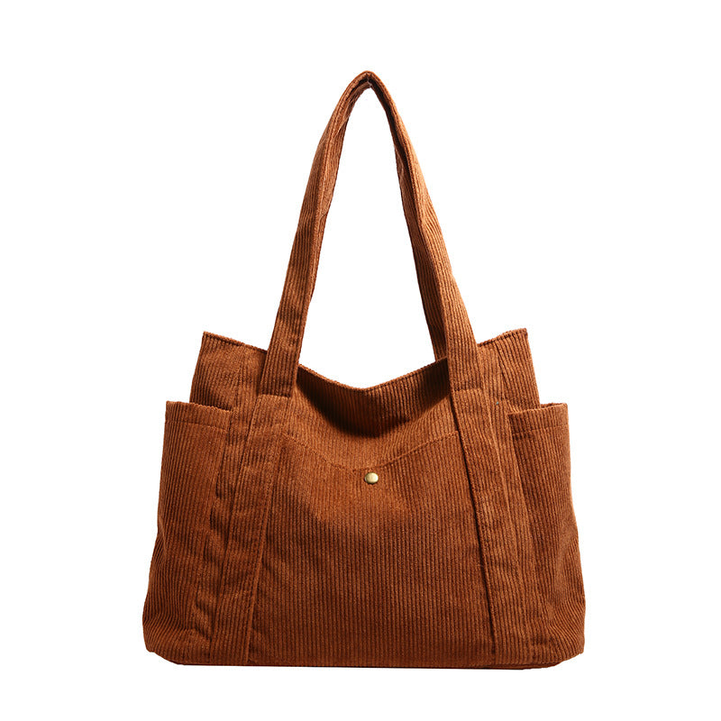 Textured Corduroy Tote Bag with Multiple Pockets and Long Handles
