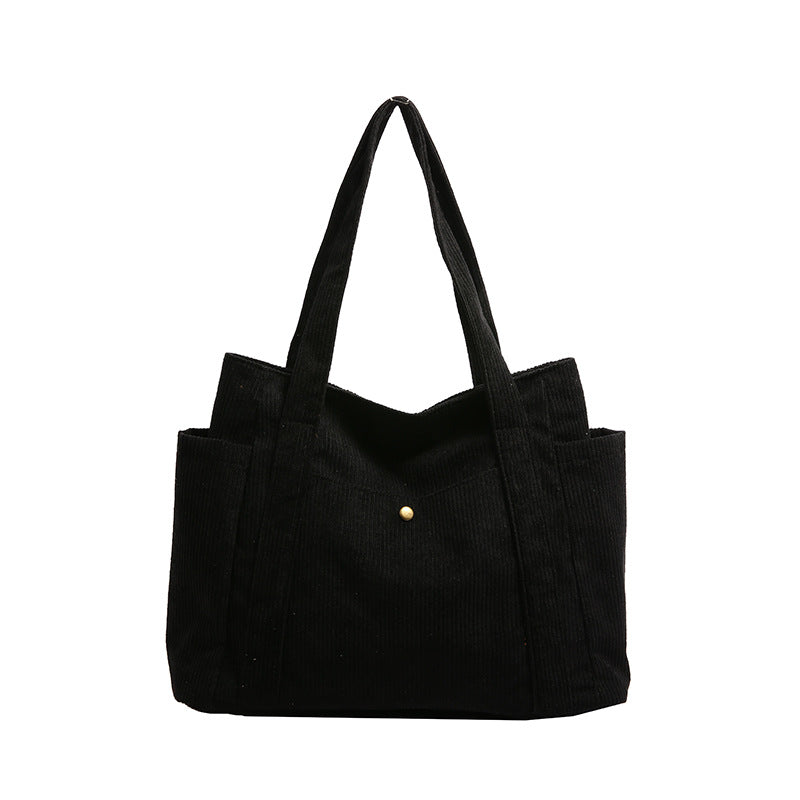 Textured Corduroy Tote Bag with Multiple Pockets and Long Handles