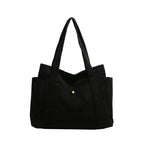 Textured Corduroy Tote Bag with Multiple Pockets and Long Handles