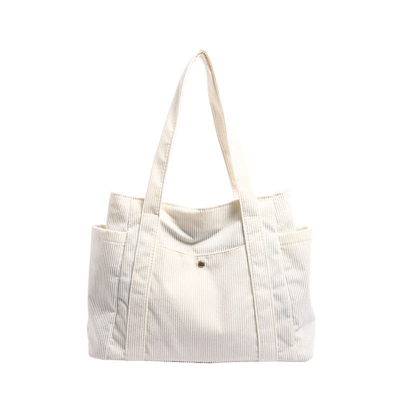 Textured Corduroy Tote Bag with Multiple Pockets and Long Handles