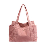 Textured Corduroy Tote Bag with Multiple Pockets and Long Handles