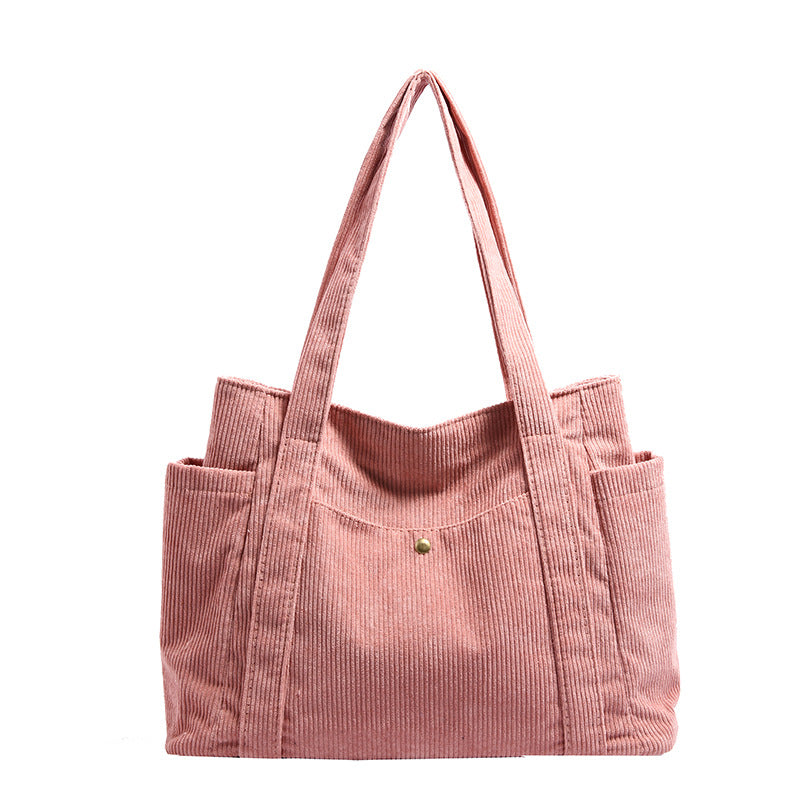 Textured Corduroy Tote Bag with Multiple Pockets and Long Handles