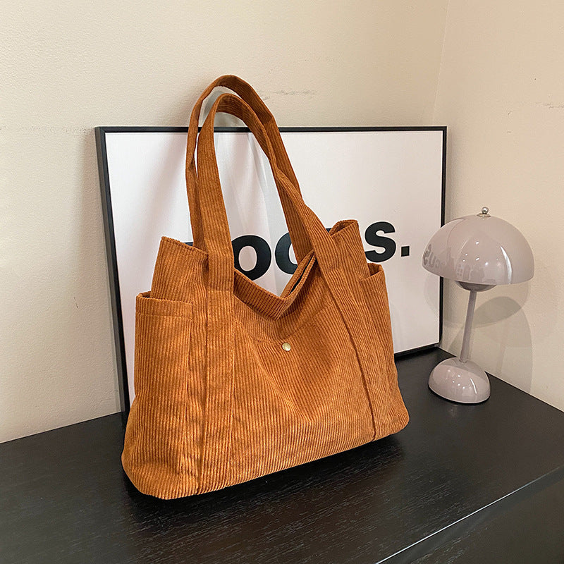 Textured Corduroy Tote Bag with Multiple Pockets and Long Handles