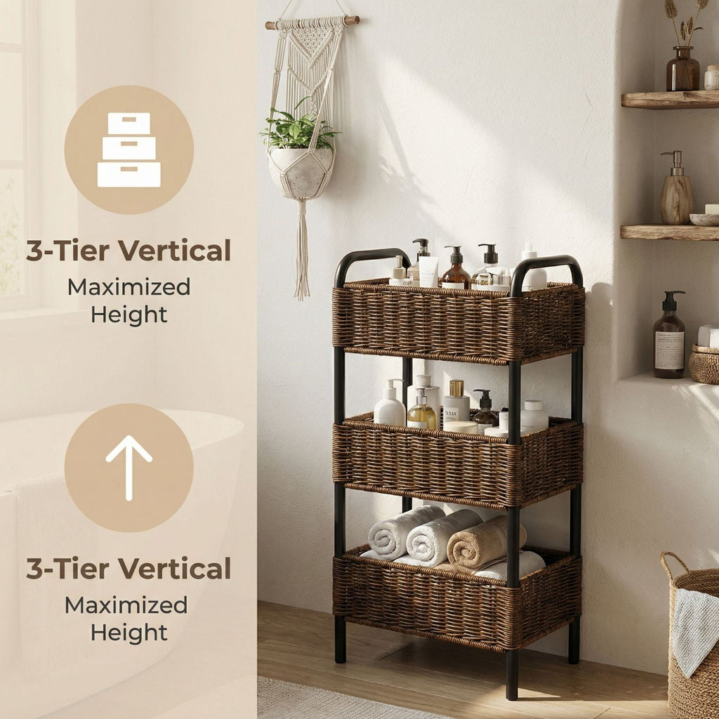 Three-Tier Woven Bathroom Organiser Basket, 11.81 × 7.87 × 23.62 in