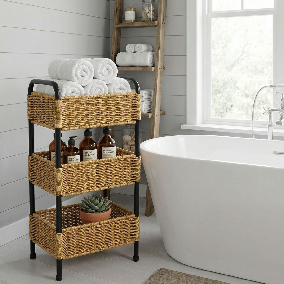 Three-Tier Woven Bathroom Organiser Basket, 11.81 × 7.87 × 23.62 in