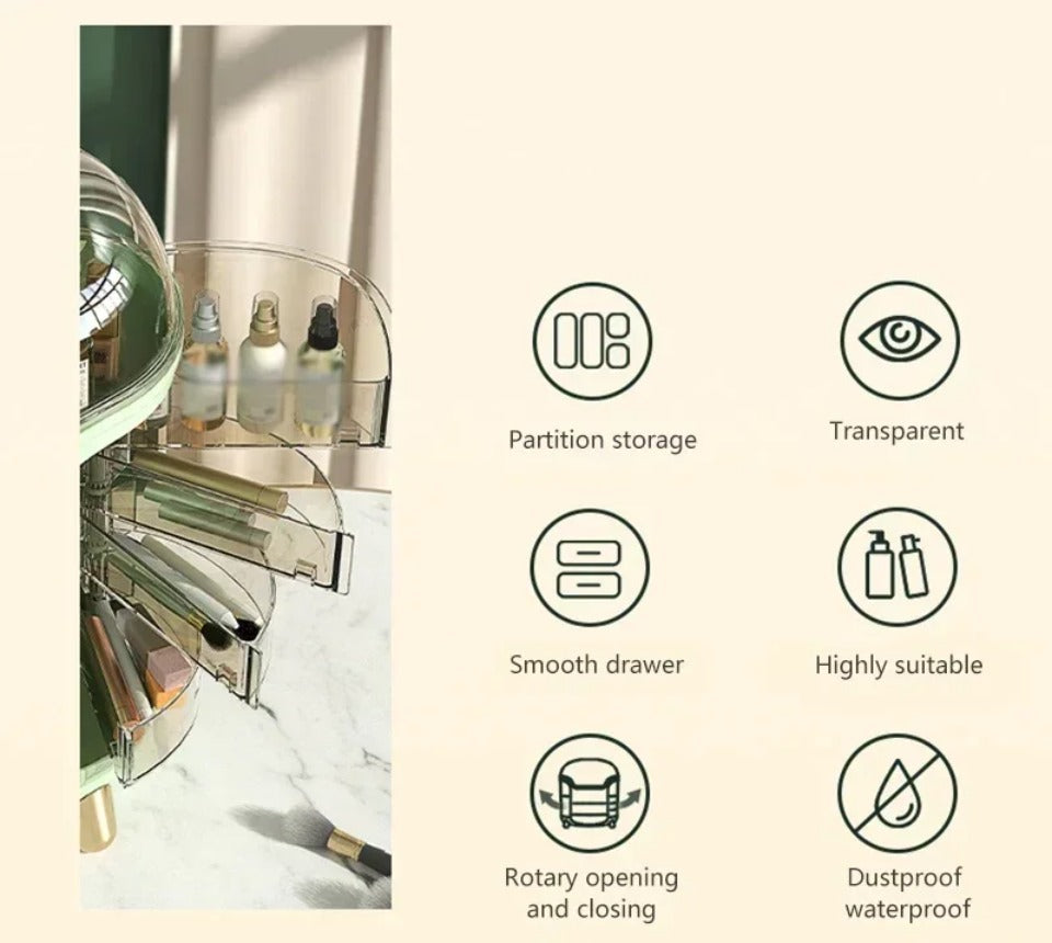 Transparent Makeup Organiser with Rotating Compartments and Drawers, 34 cm