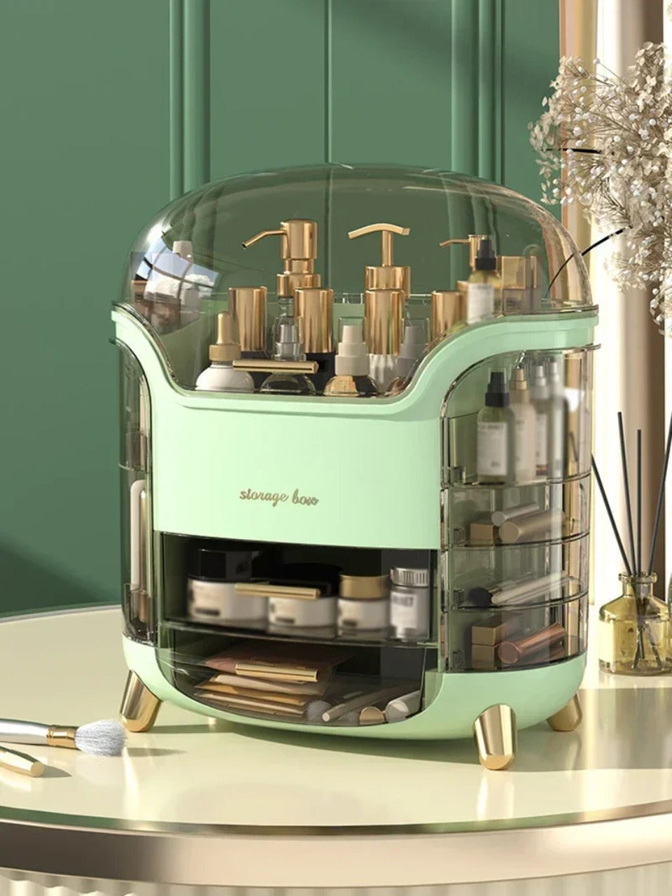 Transparent Makeup Organiser with Rotating Compartments and Drawers, 34 cm