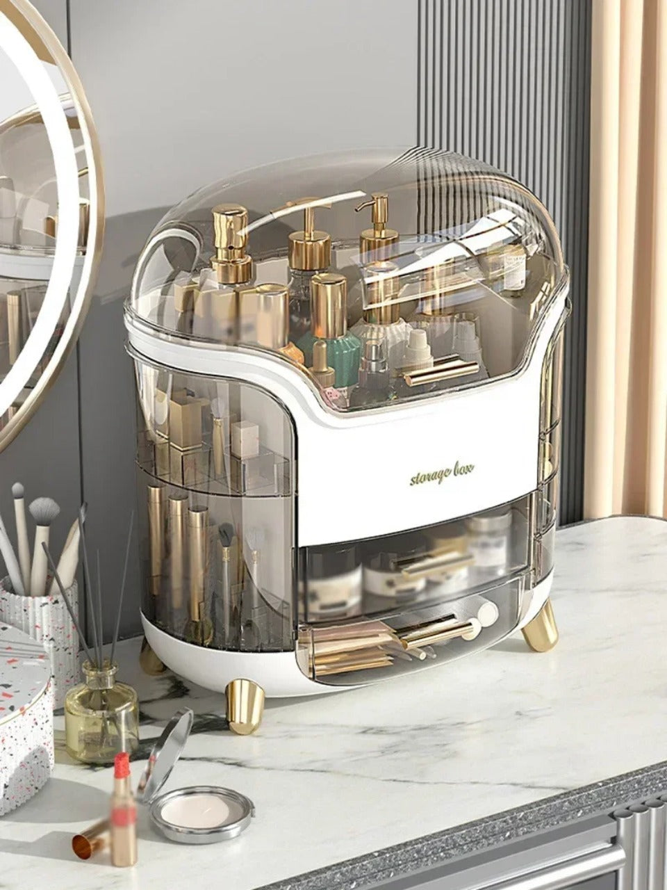 Transparent Makeup Organiser with Rotating Compartments and Drawers, 34 cm