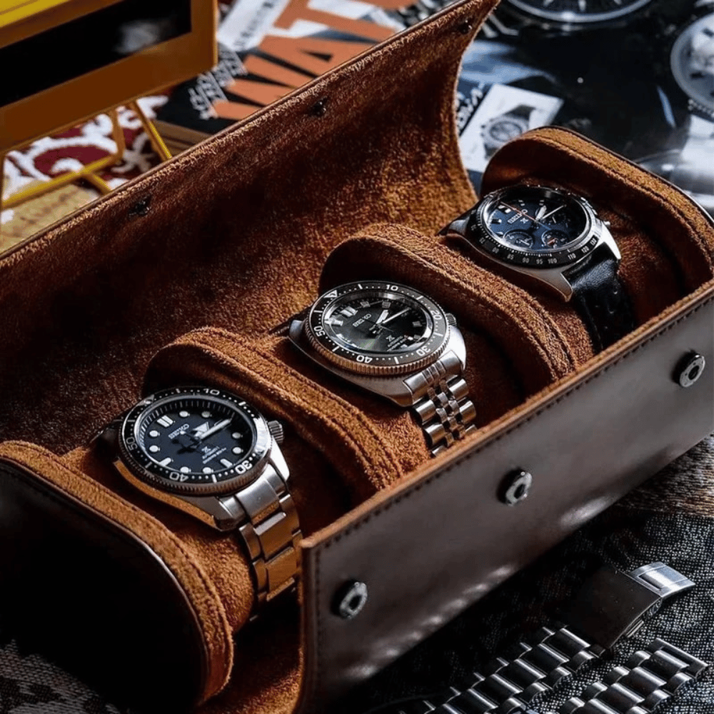 Leather Travel Watch Case for 1-3 Watches - Snap Closure, Lightweight