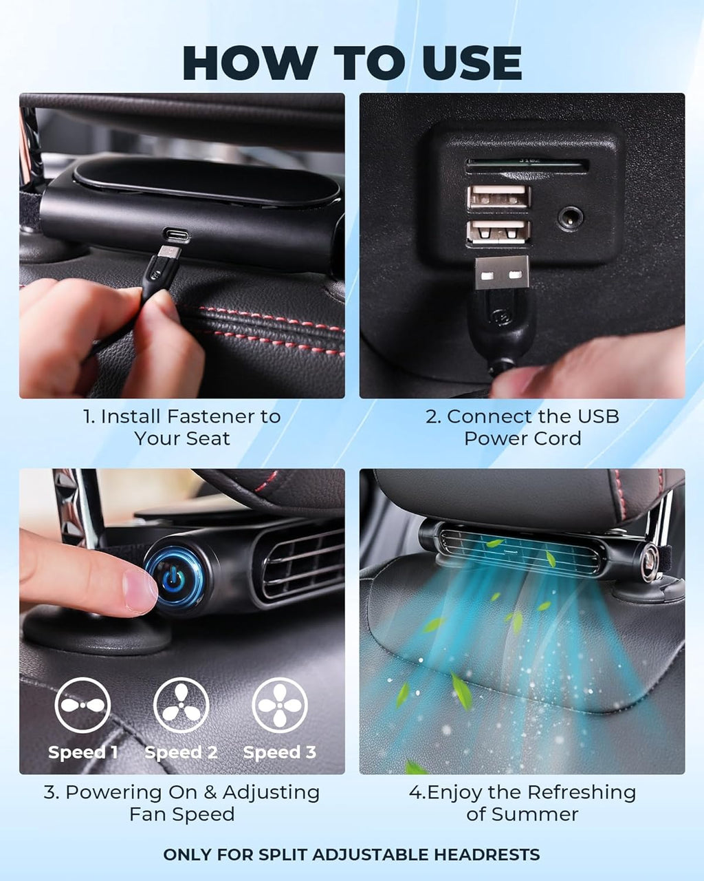 Two-Pack 3-Speed USB Car Cooling Fans with Headrest Mount