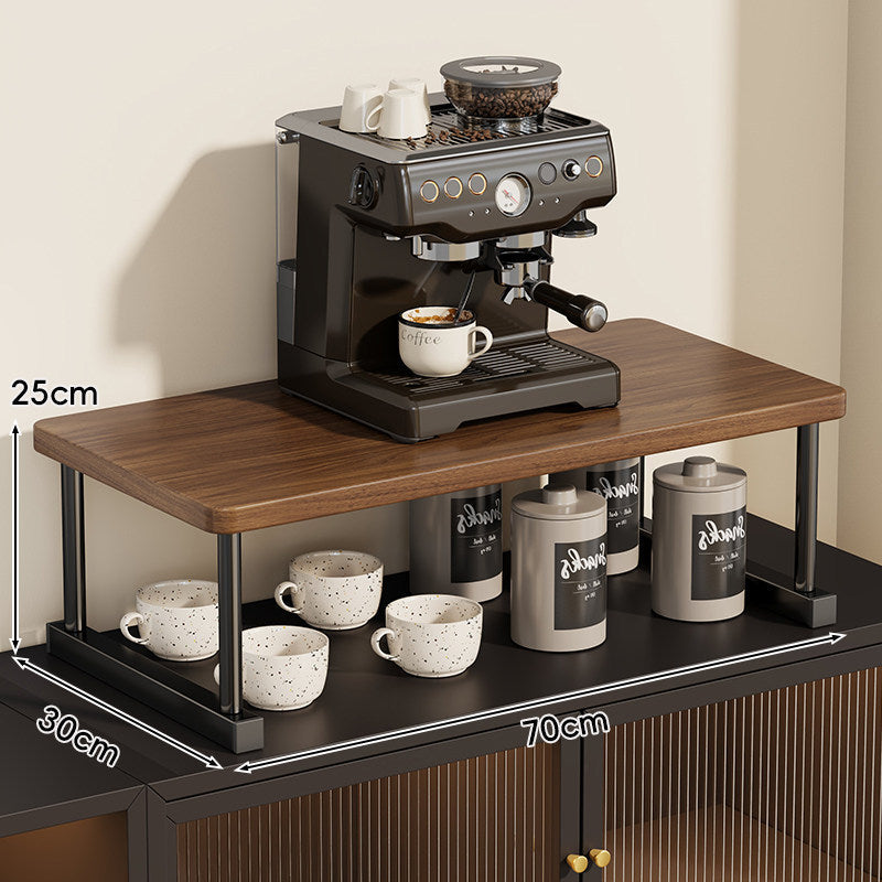 Two-Tier Countertop Coffee Station Shelf Riser with Walnut-Finish Top and Metal Frame