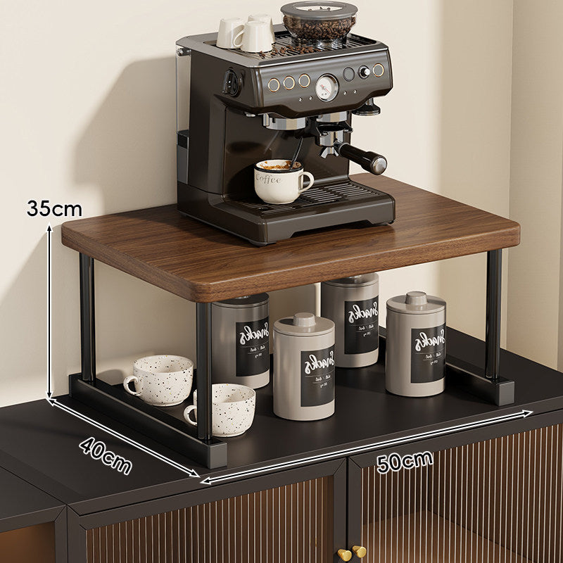 Two-Tier Countertop Coffee Station Shelf Riser with Walnut-Finish Top and Metal Frame