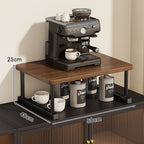Two-Tier Countertop Coffee Station Shelf Riser with Walnut-Finish Top and Metal Frame