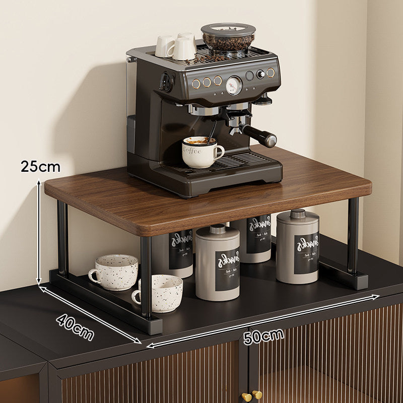Two-Tier Countertop Coffee Station Shelf Riser with Walnut-Finish Top and Metal Frame