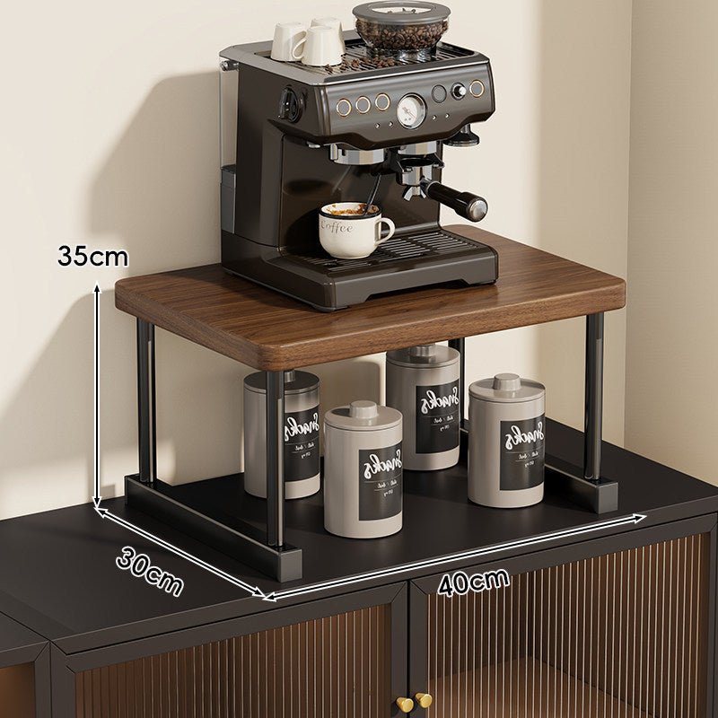 Two-Tier Countertop Coffee Station Shelf Riser with Walnut-Finish Top and Metal Frame