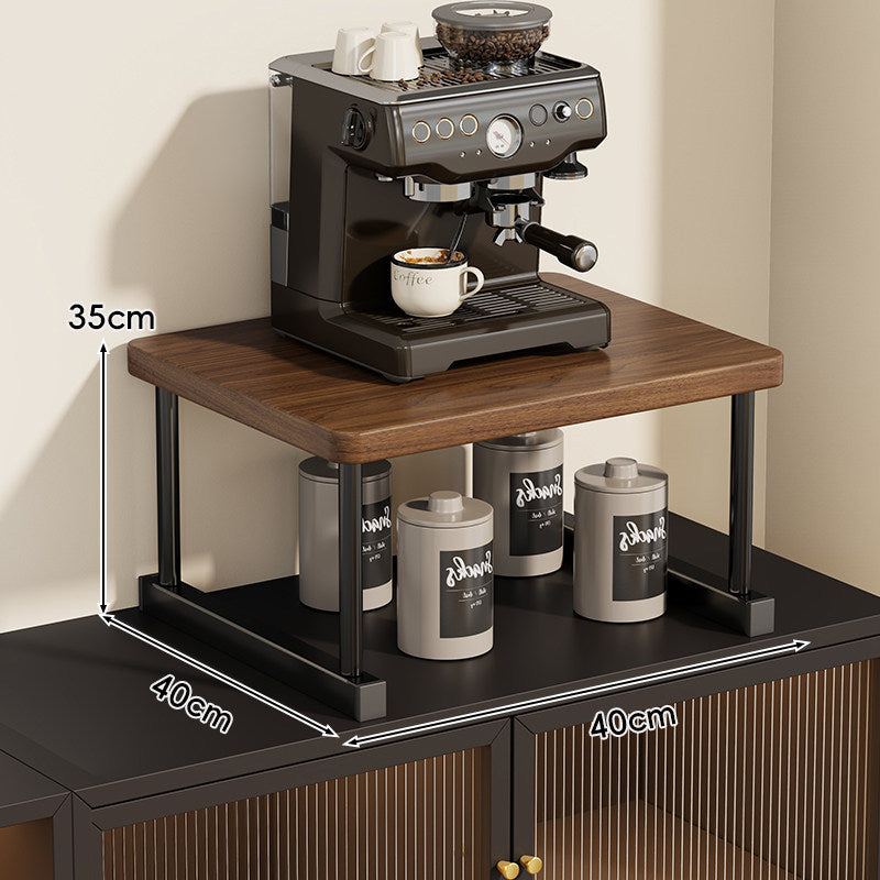 Two-Tier Countertop Coffee Station Shelf Riser with Walnut-Finish Top and Metal Frame