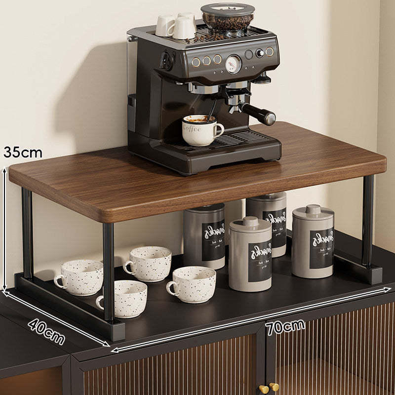Two-Tier Countertop Coffee Station Shelf Riser with Walnut-Finish Top and Metal Frame