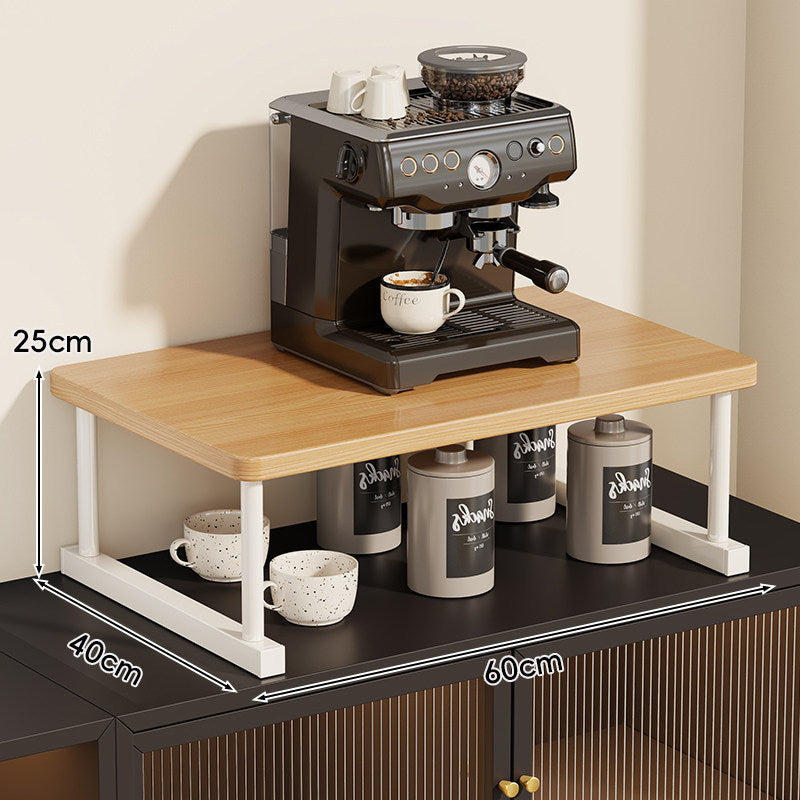 Two-Tier Countertop Coffee Station Shelf Riser with Walnut-Finish Top and Metal Frame