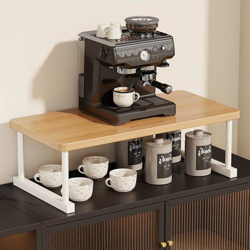 Two-Tier Countertop Coffee Station Shelf Riser with Walnut-Finish Top and Metal Frame