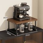 Two-Tier Countertop Coffee Station Shelf Riser with Walnut-Finish Top and Metal Frame