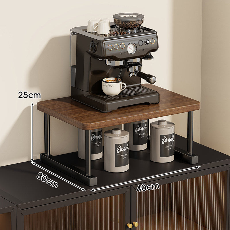Two-Tier Countertop Coffee Station Shelf Riser with Walnut-Finish Top and Metal Frame