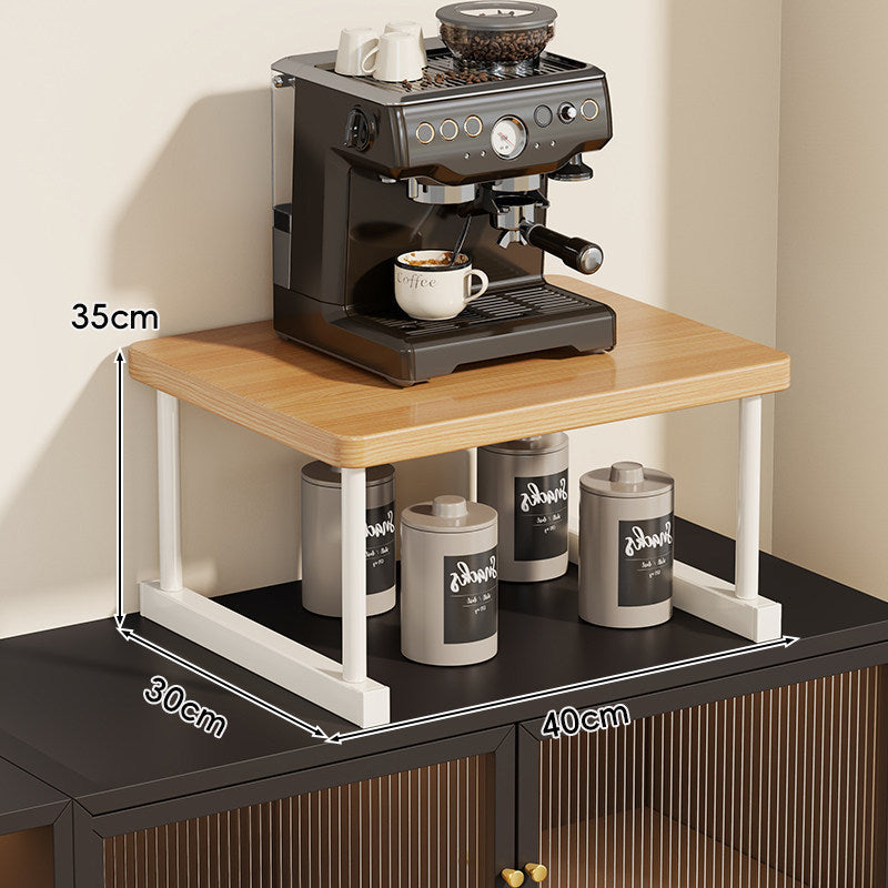 Two-Tier Countertop Coffee Station Shelf Riser with Walnut-Finish Top and Metal Frame