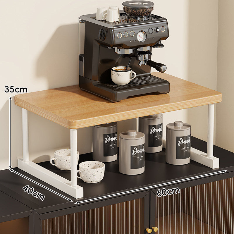 Two-Tier Countertop Coffee Station Shelf Riser with Walnut-Finish Top and Metal Frame