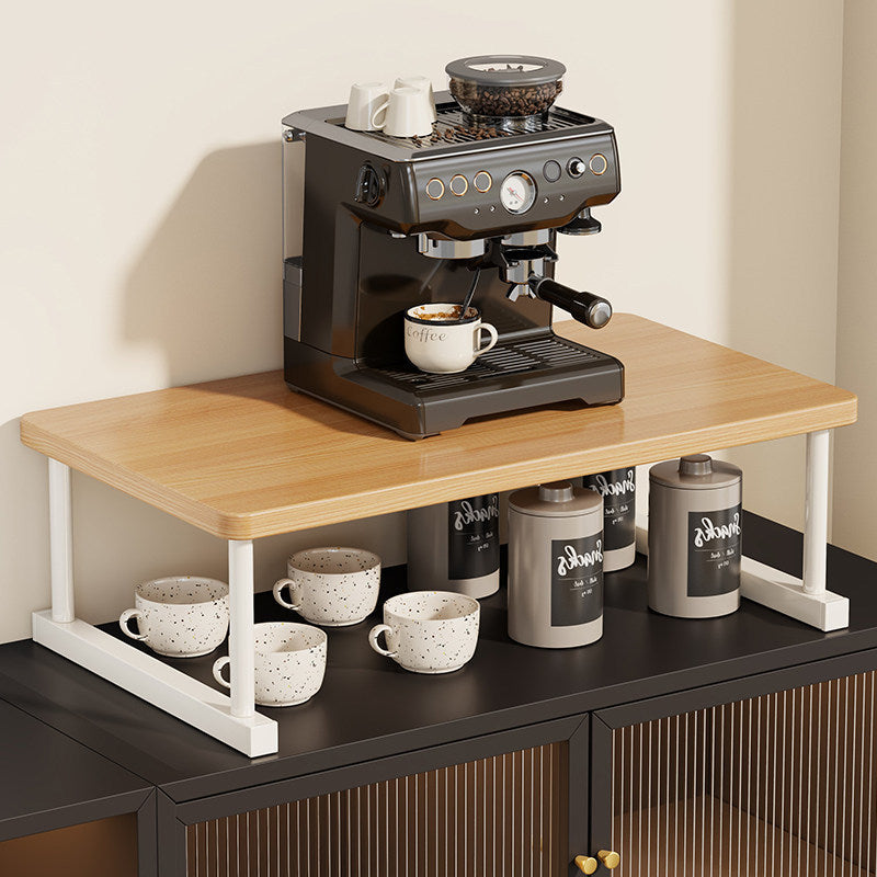 Two-Tier Countertop Coffee Station Shelf Riser with Walnut-Finish Top and Metal Frame