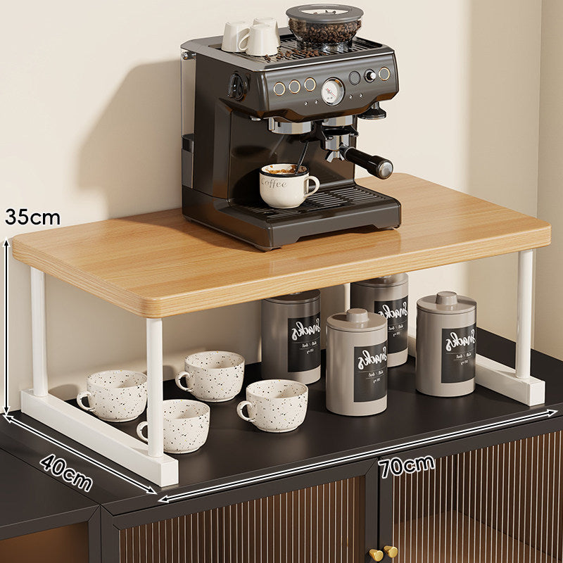 Two-Tier Countertop Coffee Station Shelf Riser with Walnut-Finish Top and Metal Frame
