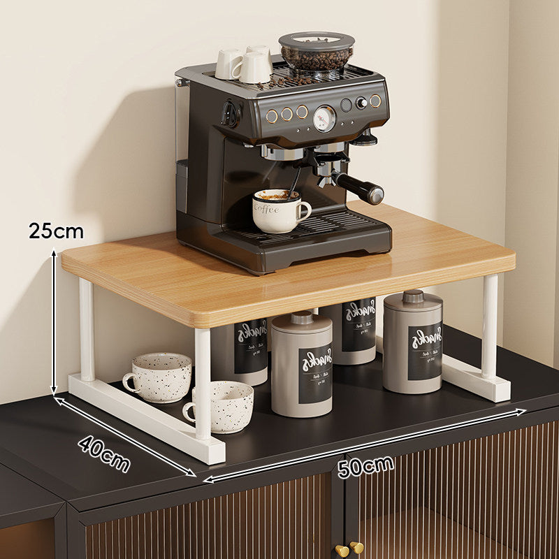 Two-Tier Countertop Coffee Station Shelf Riser with Walnut-Finish Top and Metal Frame
