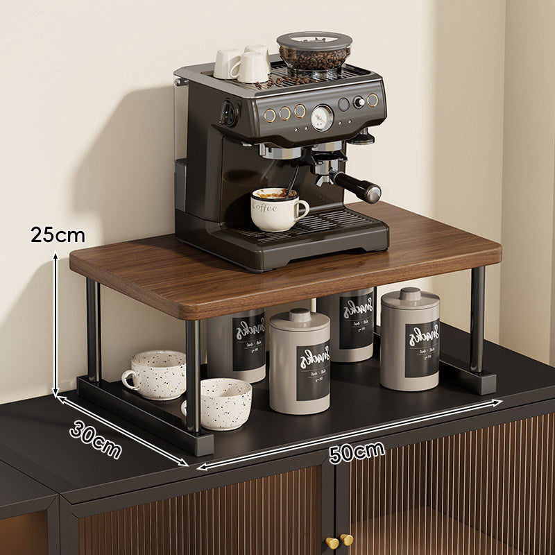 Two-Tier Countertop Coffee Station Shelf Riser with Walnut-Finish Top and Metal Frame
