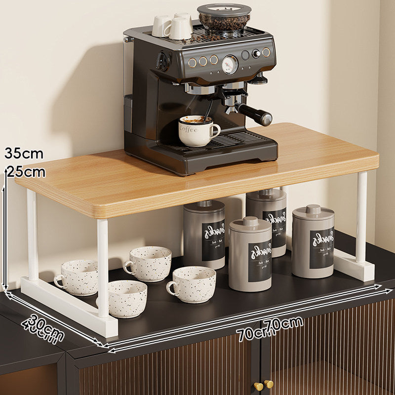 Two-Tier Countertop Coffee Station Shelf Riser with Walnut-Finish Top and Metal Frame