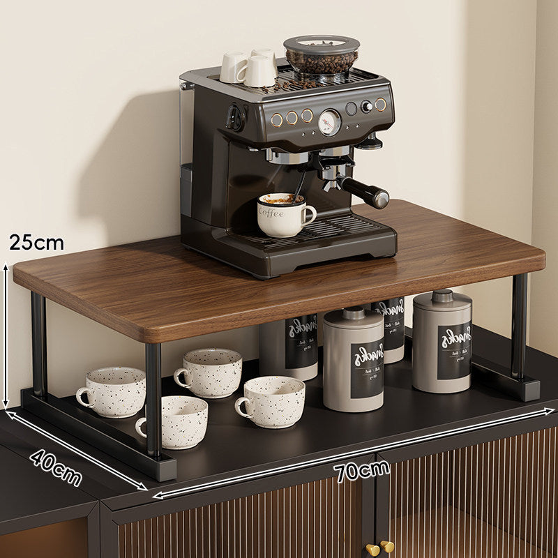 Two-Tier Countertop Coffee Station Shelf Riser with Walnut-Finish Top and Metal Frame