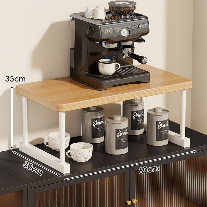Two-Tier Countertop Coffee Station Shelf Riser with Walnut-Finish Top and Metal Frame