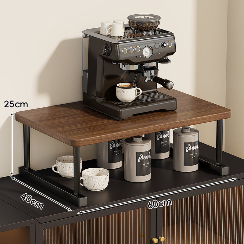 Two-Tier Countertop Coffee Station Shelf Riser with Walnut-Finish Top and Metal Frame