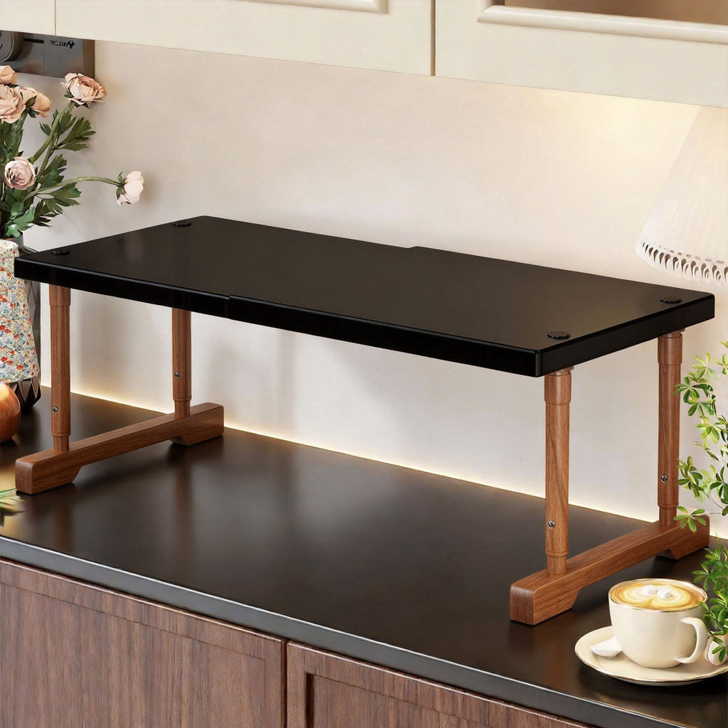 Two-Tier Countertop Coffee Station Shelf Riser with Walnut-Finish Top and Metal Frame