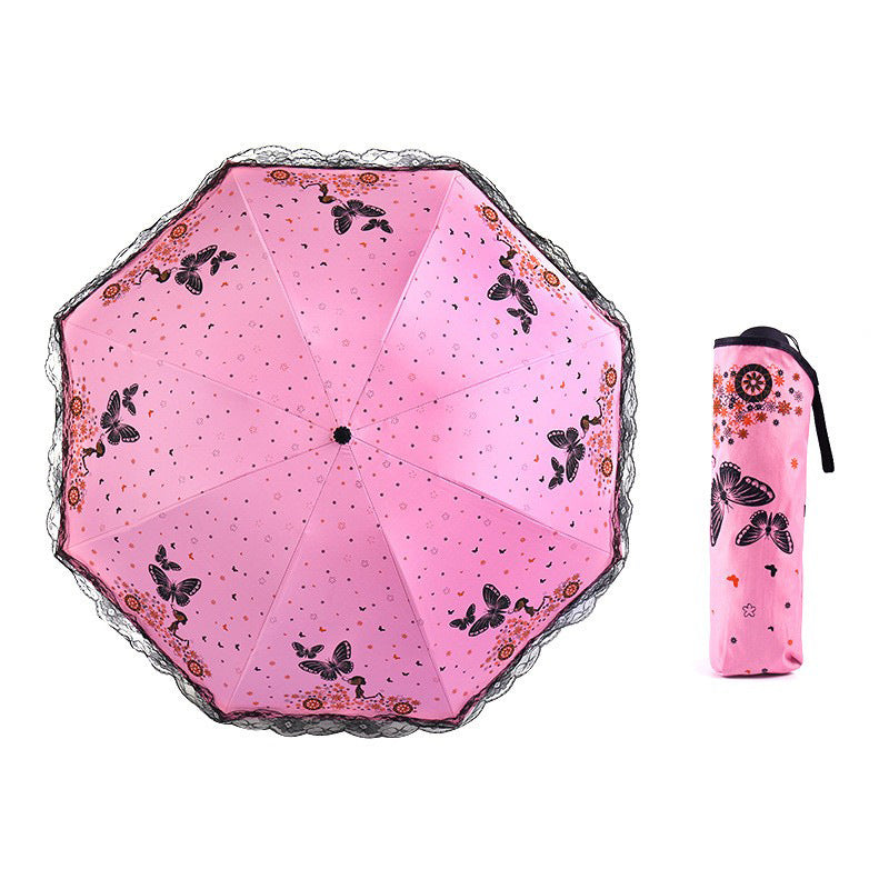 Women's Sun Umbrella with Butterfly and Floral Design - UV Protection, Lace Tip, view 2
