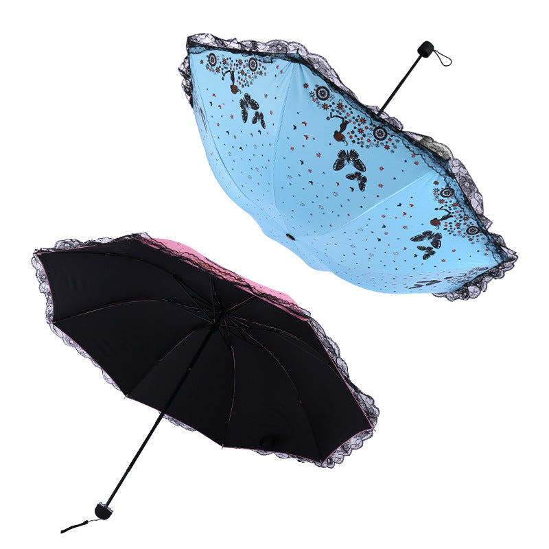 Women's Sun Umbrella with Butterfly and Floral Design - UV Protection, Lace Tip, view 3