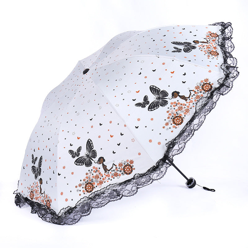 Women's Sun Umbrella with Butterfly and Floral Design - UV Protection, Lace Tip, view 5