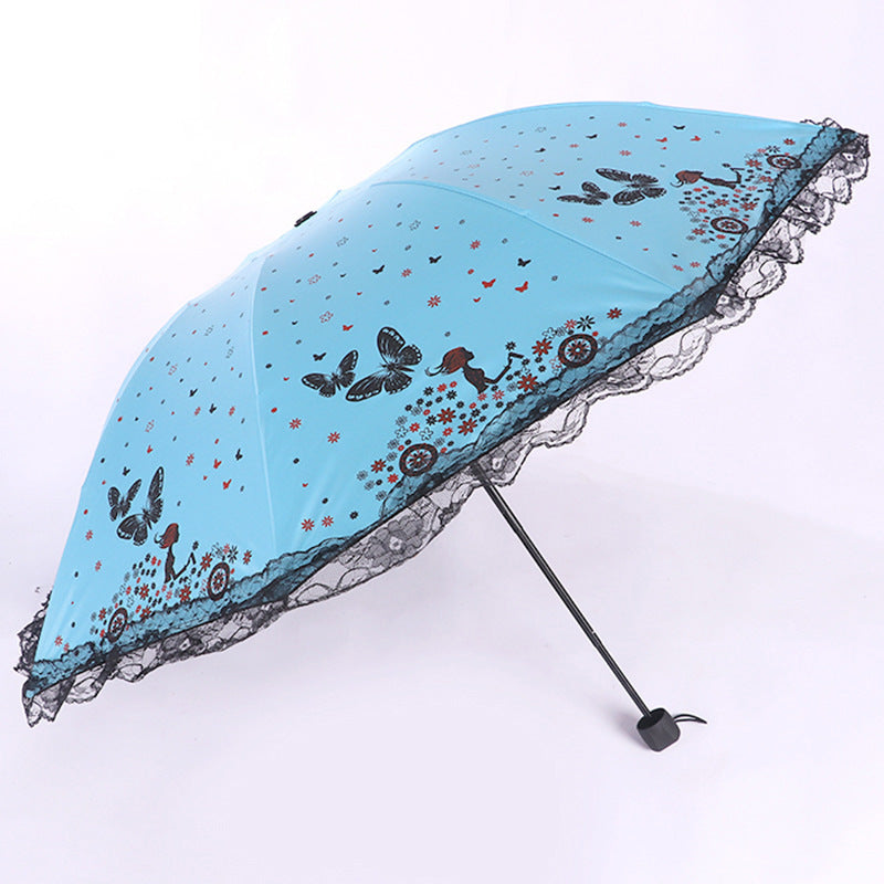 Women's Sun Umbrella with Butterfly and Floral Design - UV Protection, Lace Tip, view 6