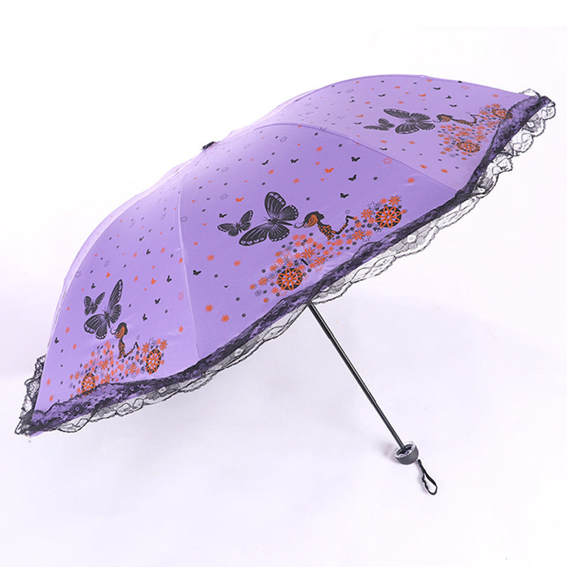 Women's Sun Umbrella with Butterfly and Floral Design - UV Protection, Lace Tip, view 7
