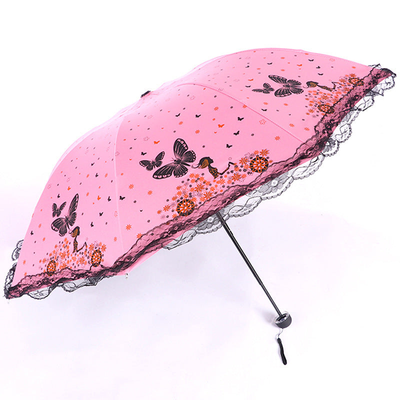 Women's Sun Umbrella with Butterfly and Floral Design - UV Protection, Lace Tip, view 8