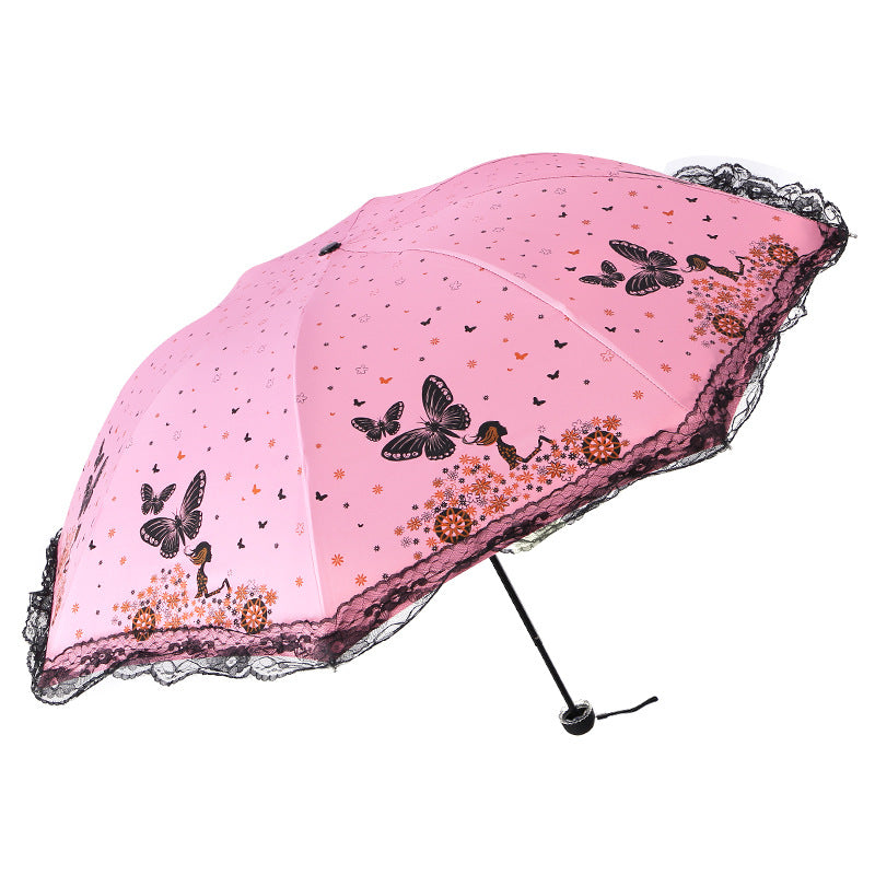Women's Sun Umbrella with Butterfly and Floral Design - UV Protection, Lace Tip